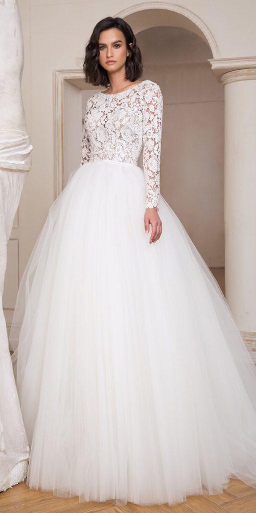 ball gown wedding dresses-lace top with long sleeves tulle skirt danytabet