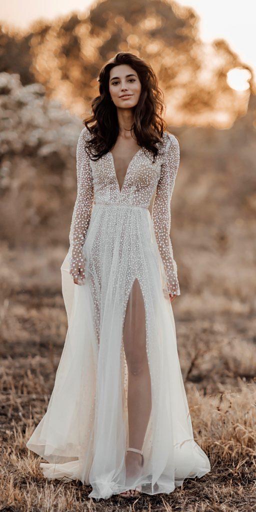 bridal gowns with sleeves a line plunging neckline 2020 flowy wona