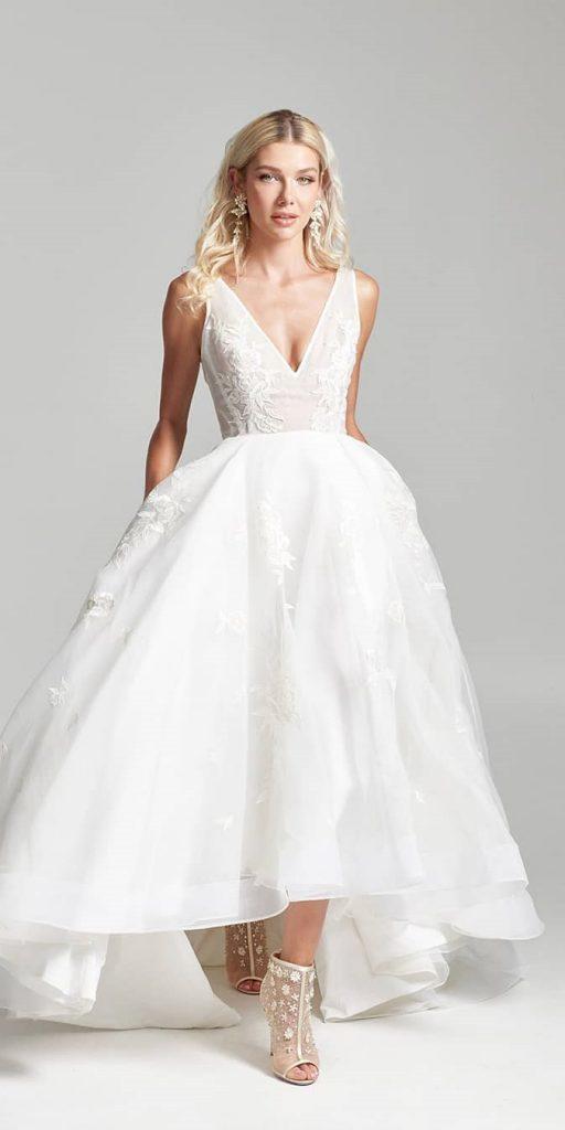 high low wedding dresses v neckine sleveless lace rebeccaschoneveld