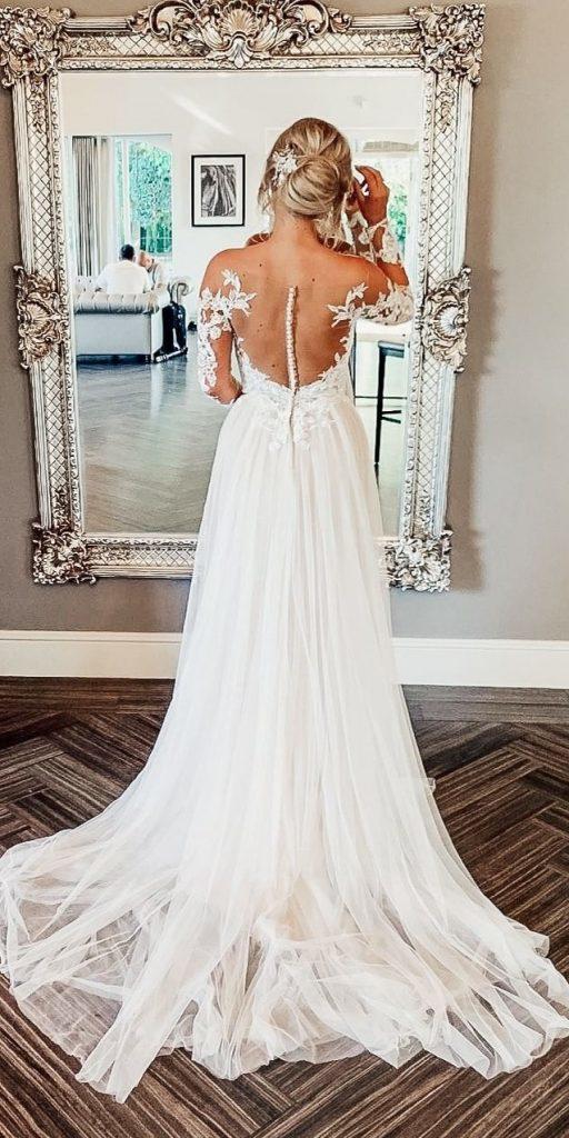 illusion long sleeve wedding dresses a line lace with buttons missstellayork