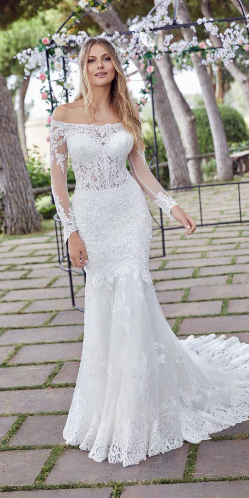 illusion long sleeve wedding dresses fit and flare off the shoulder lace train ronaldjoyce