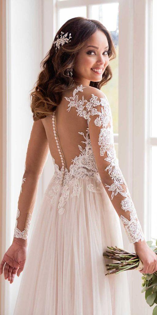 lace back wedding dresses illusion long sleeves with buttons essensedesigns