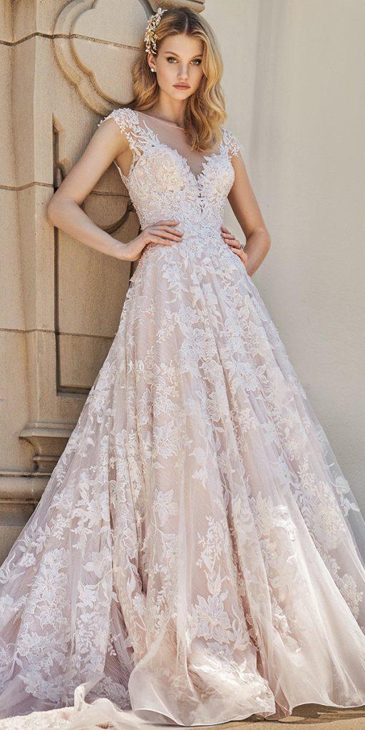 lace beach wedding-dresses a line illusion neckline rose val stefani