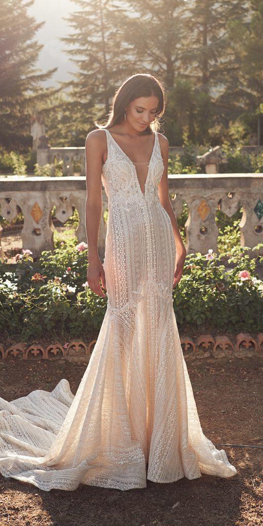 lace beach wedding dresses fit and flare deep v neckline wona
