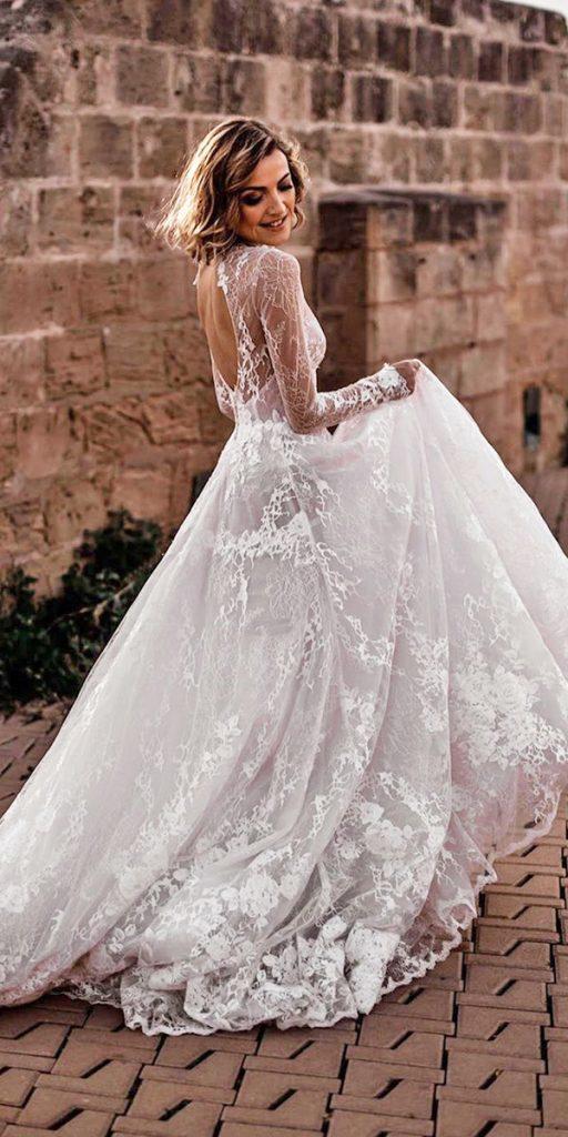 lace bridal gowns a line with long sleeves open back galia lahav