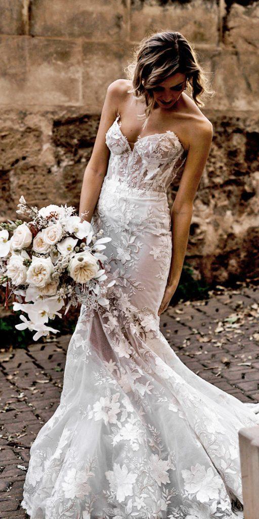 lace bridal gowns mermaid strapless sweetheart neckline floral appliques galia lahav