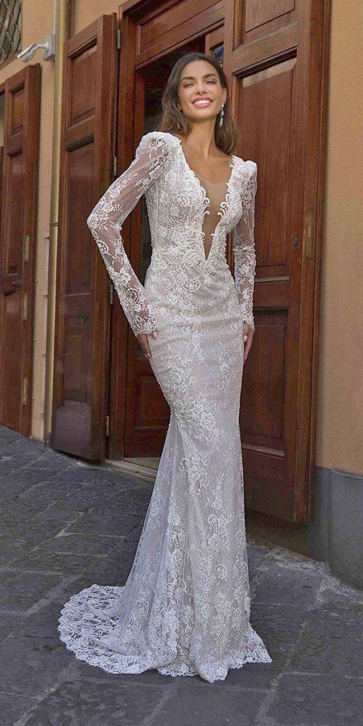 lace bridal gowns sheath deep v neckline with sleeves berta