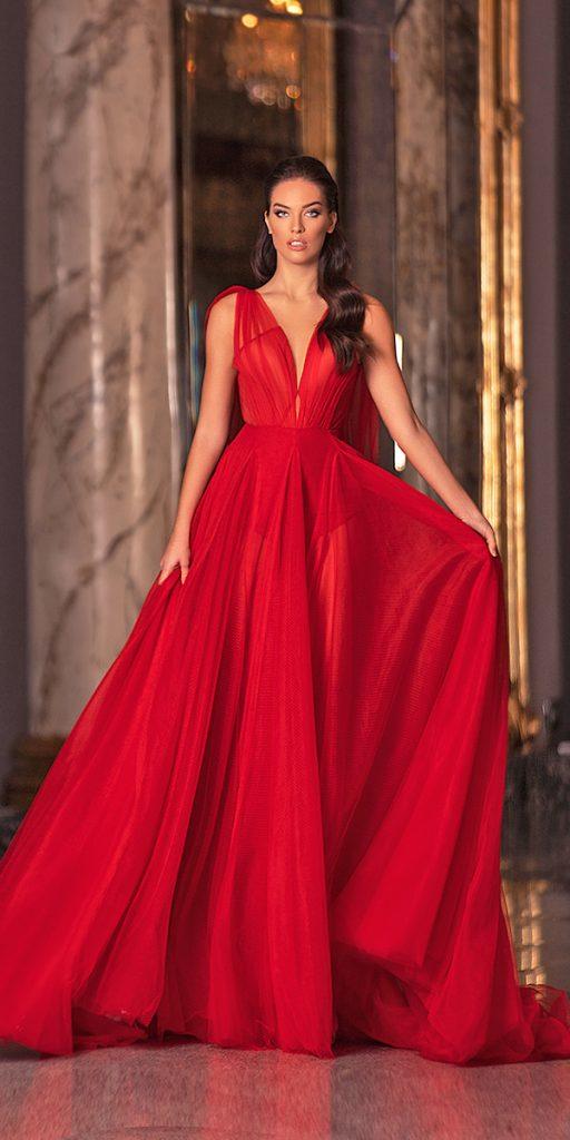 long bridesmaid dresses a line red plunging neckline