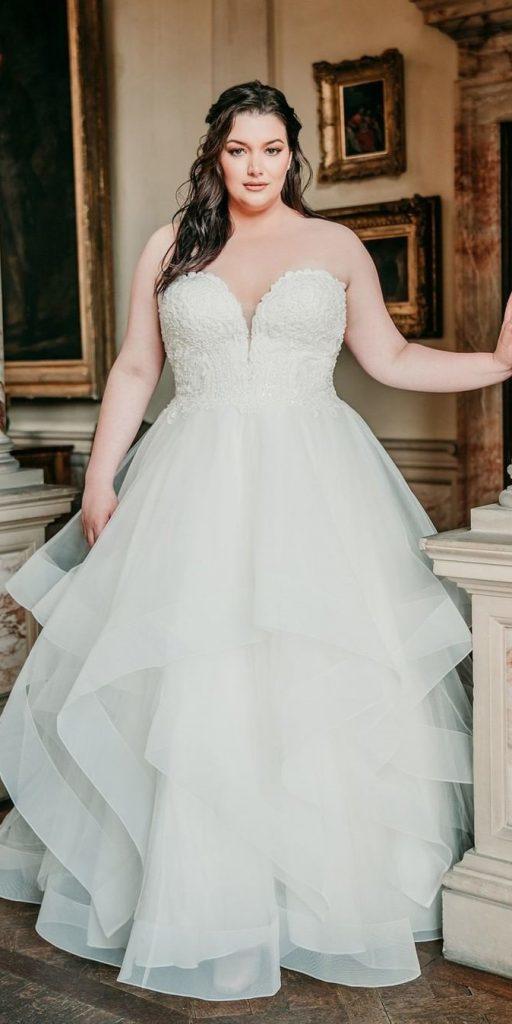 plus size ball gowns wedding dresses sweetheart neckline lace top tulle ruffled skirt allurebridals