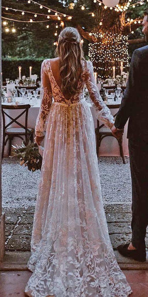 rustic wedding dresses a line with illusion long sleeves lace with train rikidala
