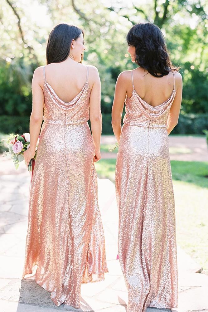 sequin bridesmaid dresses rose gold long maxi dress with spaghetti straps shoprevelry