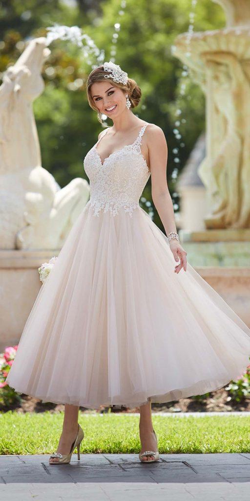 tea length wedding dresses wih spaghetti straps blush country essensedesigns