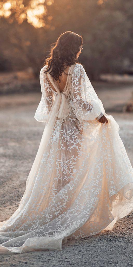 top wedding dresses a line with long puff sleeves bow train wona