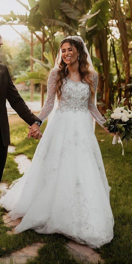 vintage wedding dresses a line with illusion lon sleeves jeweled top casablancabridal