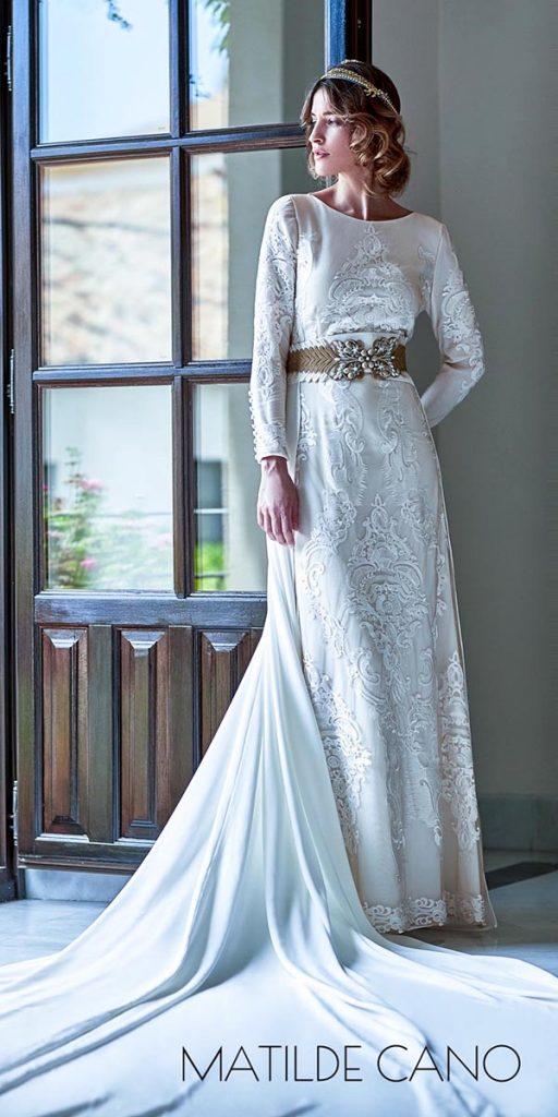 vintage wedding dresses sheath with long sleeves lace gold belt train matildecan