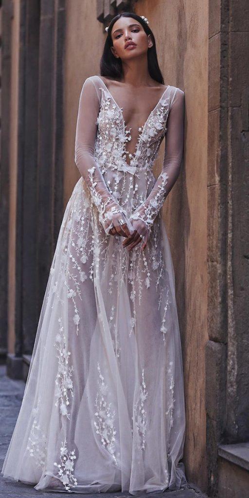 destination wedding dresses deep v neckline with illusion long sleeves flowy a line musebyberta