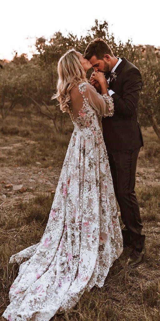  floral wedding dresses a line with sleeves train rustic ayeh kphotography
