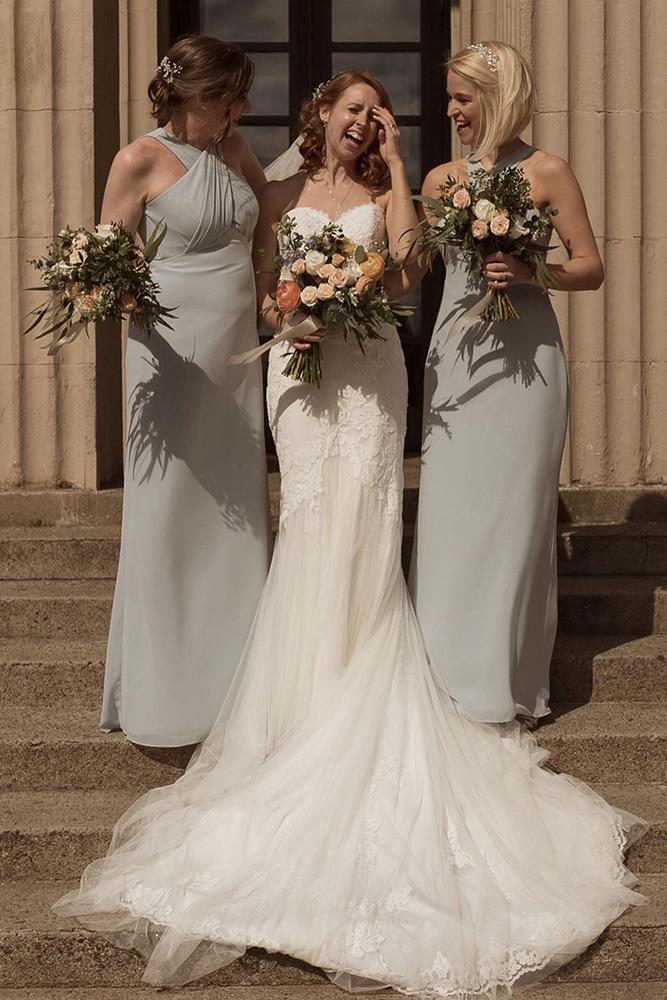 grey bridesmaid dresses long simple x cross neckline from the smiths