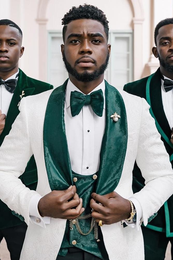 groomsmen attire white jacket with green bow tie amyanaizphoto
