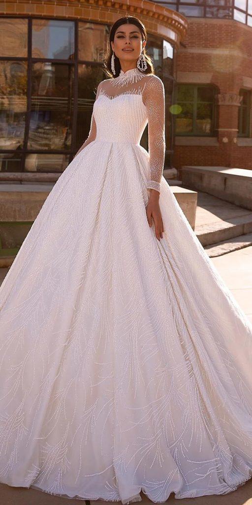 illusion long sleeve wedding dresses ball gown nude neckline tinavalerdi