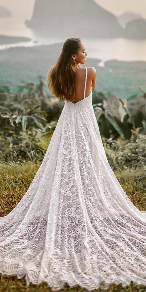 lace boho wedding dresses a line low back with spagheti straps floraandlane