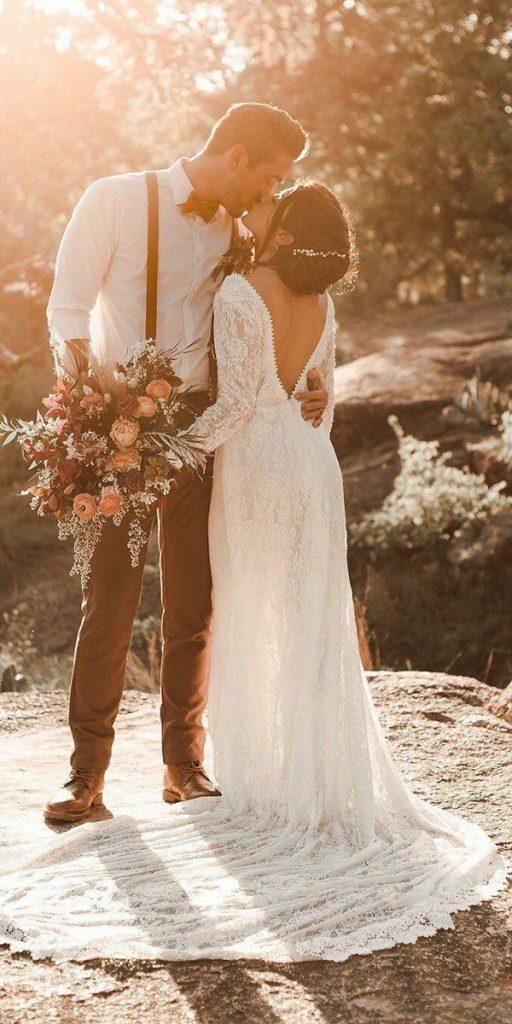 lace boho wedding dresses sheath with long sleeves v back train floraandlane