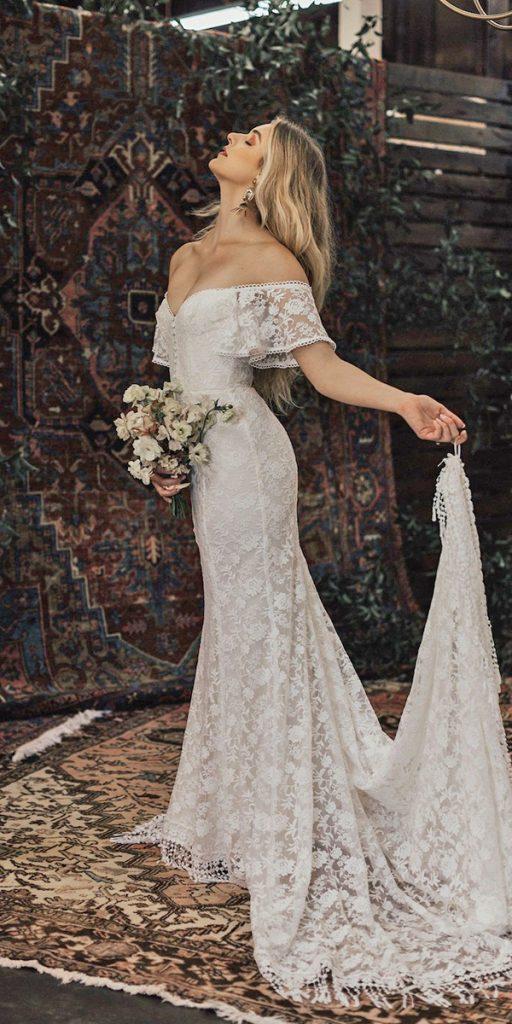 lace boho wedding dresses trumpet off the shoulder with train dreamersandlovers