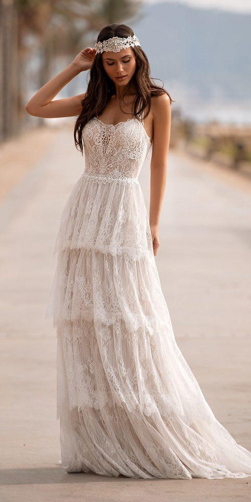 lace bridal gowns a line sweetheart ruffled skirt boho beach pronovias