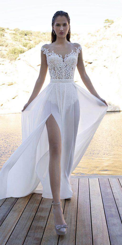 lace bridal gowns beach flowy lace top illusion neckline demetrios