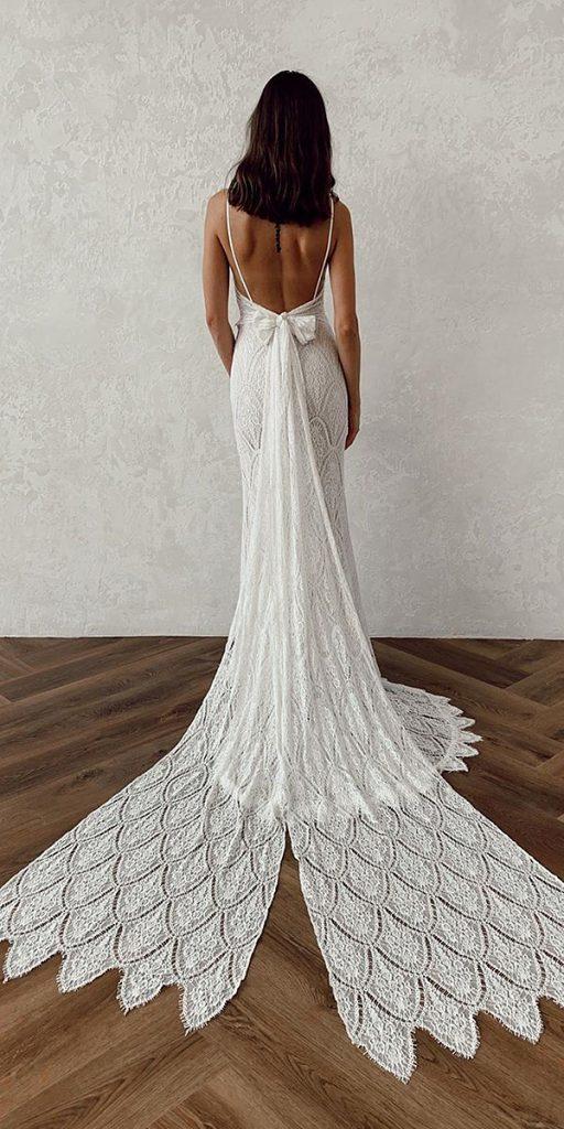 lace bridal gowns trumpet with spaghetti straps backless train made with love