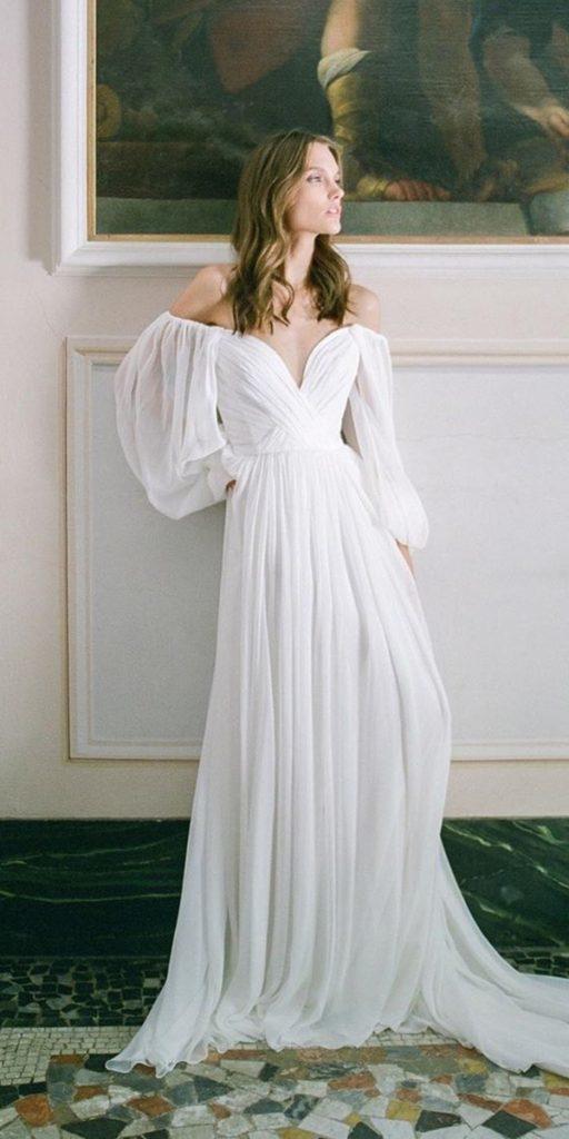 long sleeve wedding dresses a line off the shoulder simple moniquelhuillier