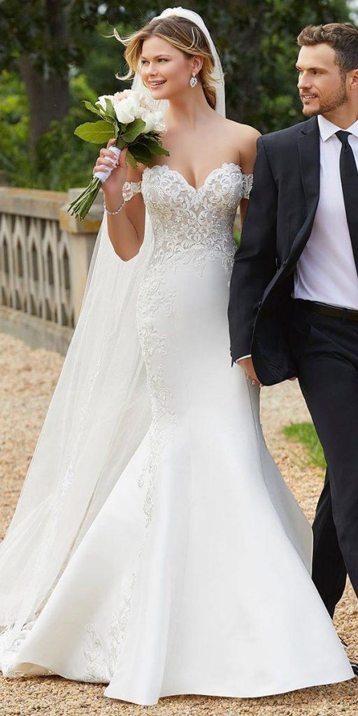 satin mermaid wedding dresses sweetheart neckline off the shoulder lace mori lee