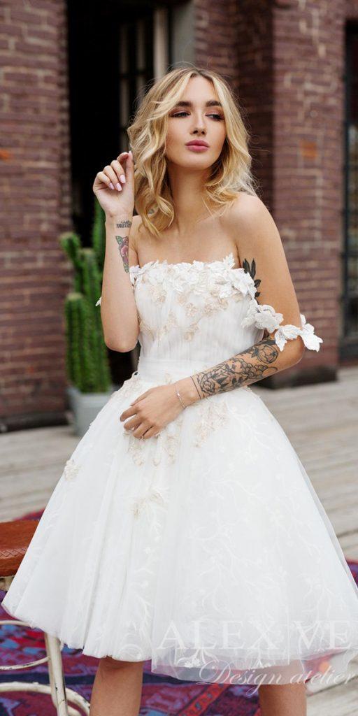 short wedding dresses off the shoulder strapless neckline beach alex veil