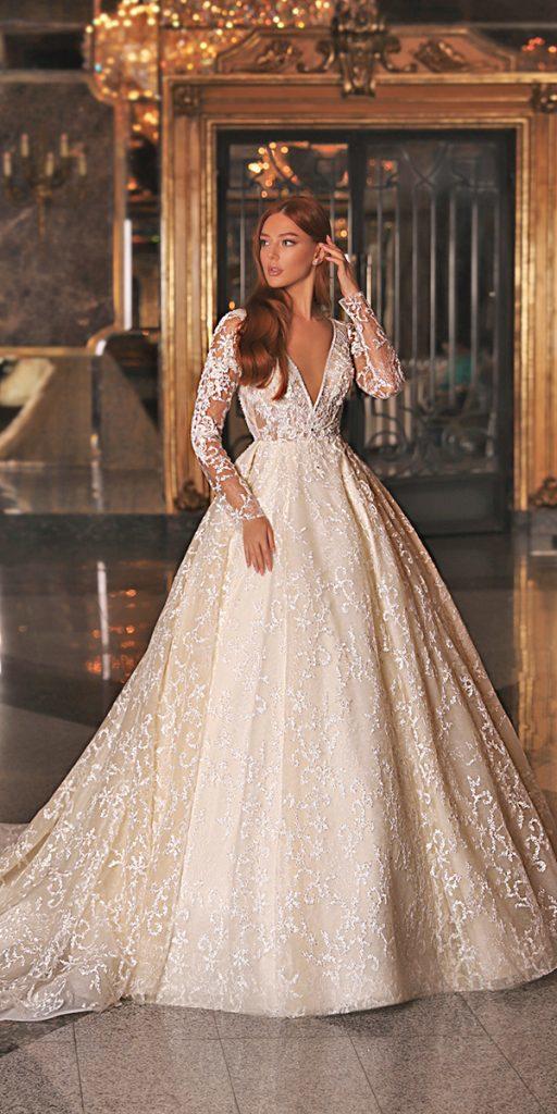 unique lace wedding dresses ball gown plunging neckline with train wona