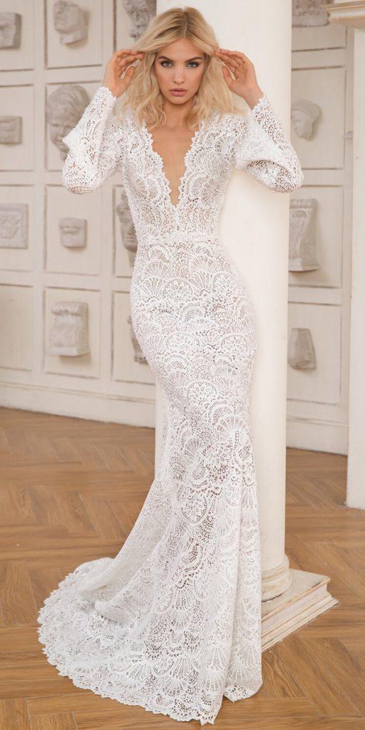 unique lace wedding dresses trumpet deep v neckline with long sleeves vintage danytabet