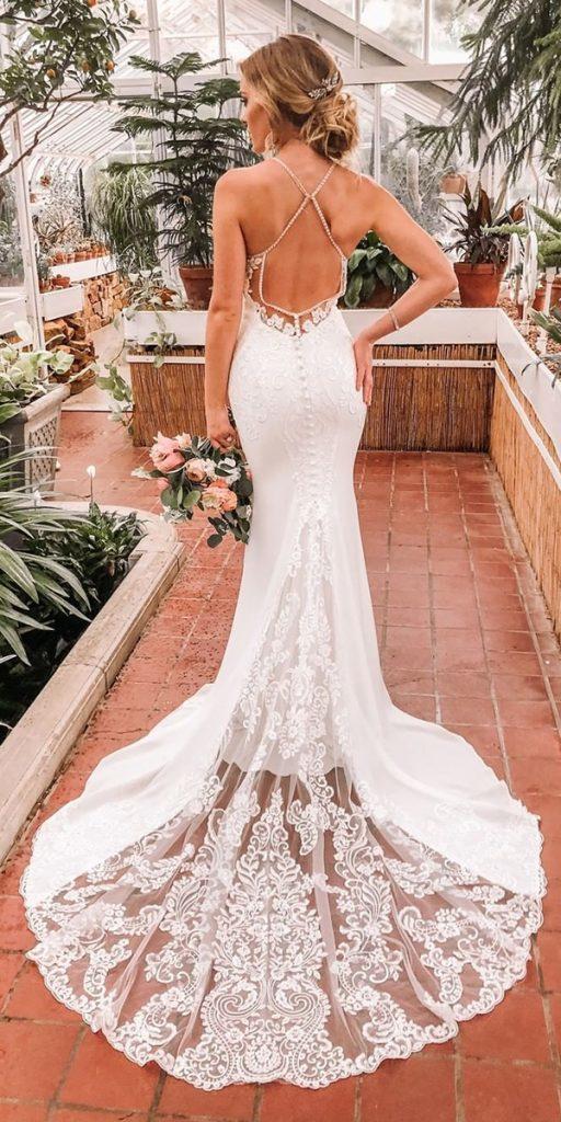 vintage lace wedding dresses fit and flare backless with train missstellayork