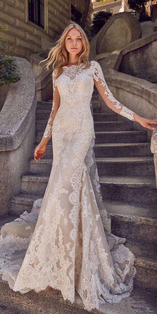 vintage lace wedding dresses fit and flare with long sleeves train sanpatric