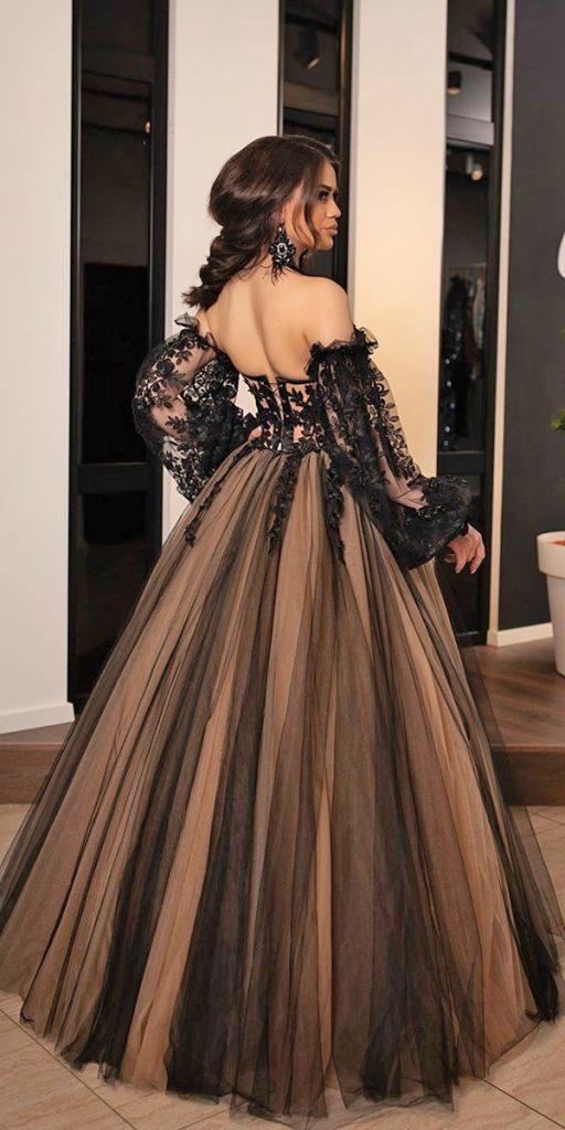 gothic wedding dresses ball gown off the shoulder long sleeves black minnafashion