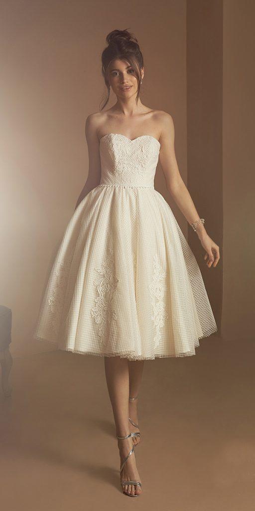 knee length wedding dresses sweetheart strapless neckline delicate lace ariamo