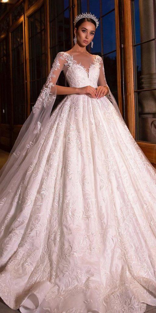 lace ball gown wedding dresses with illusion long sleeves sweetheart tinavalerdi