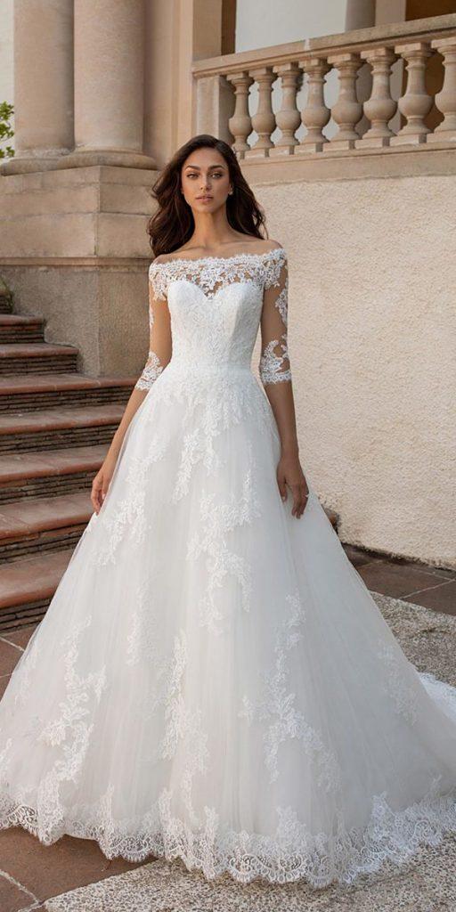 lace wedding dresses with sleeves illusion a line off the shoulder pronovias