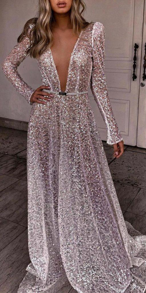 long sleeve wedding dresses a line sexy deep v neckline sequins berta