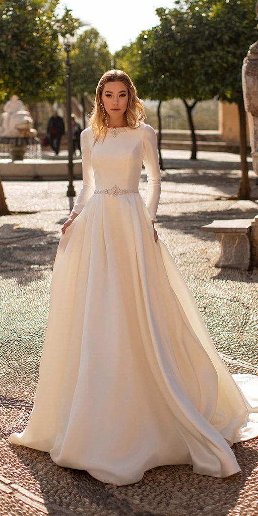 modest wedding dresses with sleeves a line simple jeweled romantic naviblue