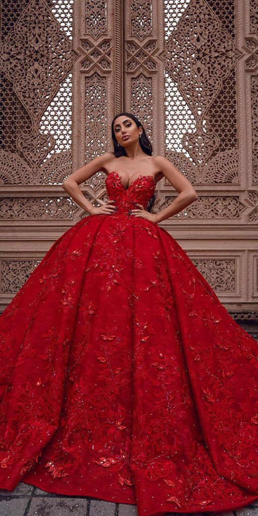 red wedding dresses ball gown sweetheart strapless neckline lace saidmhamad