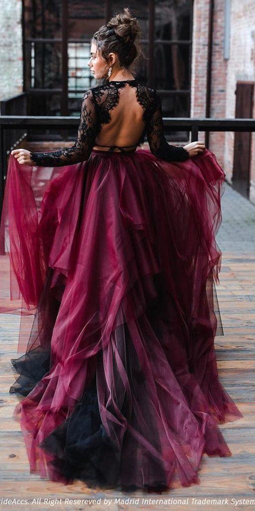 red wedding dresses ball gown tulle skirt black with sleeves stylishbrideaccs