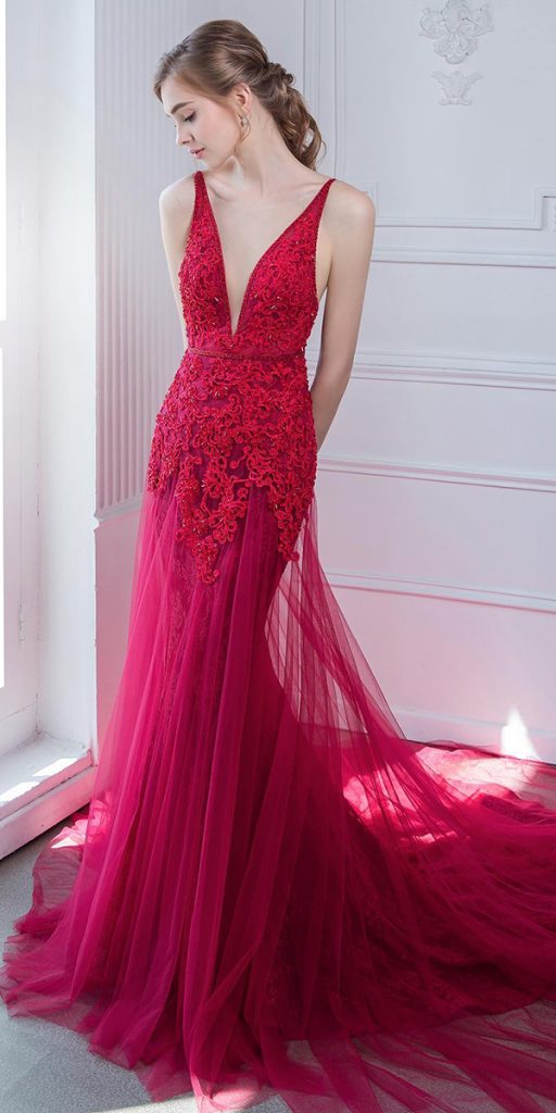 red wedding dresses lace dep v neckline digiobridal