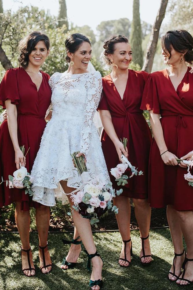short bridesmaid dresses knee length burgundy with sleeves inbaldrorofficial