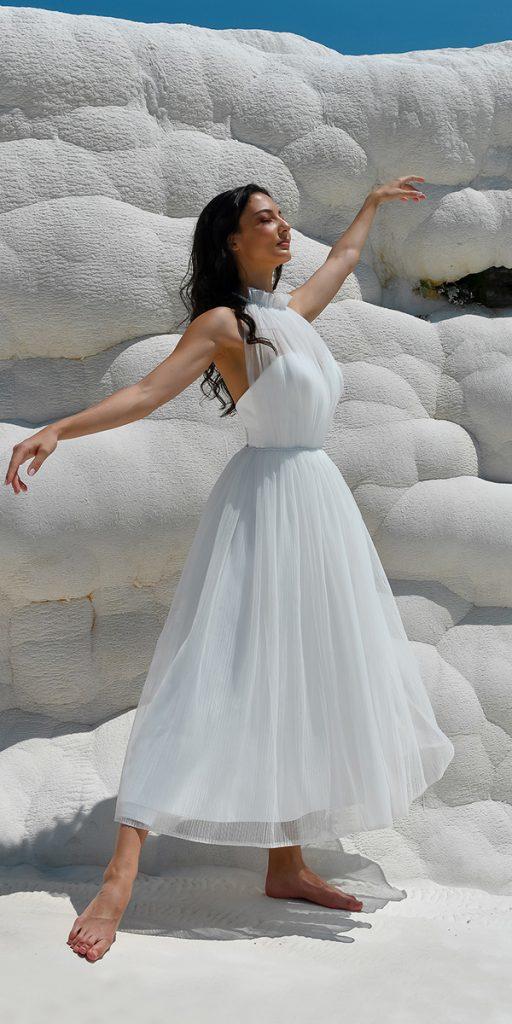 tea length wedding dresses simple halter neckline daigelinlik
