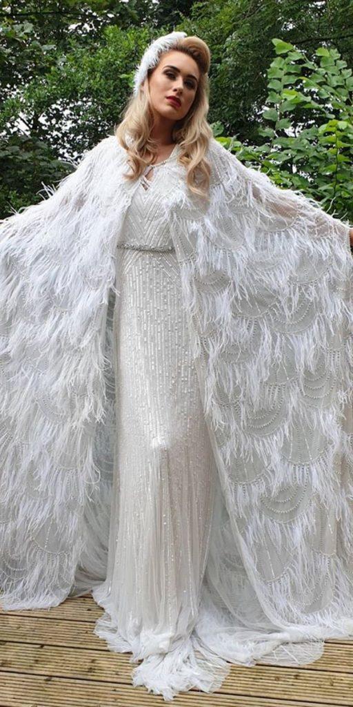 vintage wedding dresses 1920s sheath with cape feathers elizajanehowell