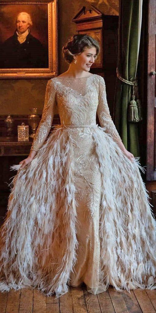 vintage wedding dresses 1920s sheath with long sleeves cape feathers elizajanehowell